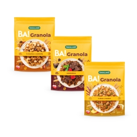 Zestaw granoli pełnoziarnistych Bakalland BA!: czekoladowa, 5 orzechów, 5 ziaren 3 x 300g 