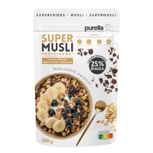 Wysokobiałkowa mieszanka płatków zbożowych z dodatkiem kakao Super Musli PROTEINOWE Superfoods 200g Purella