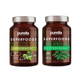 Zestaw suplementów diety Purella Superfoods: Chlorella Oczyszczanie 200 tabl. + Ekstrakt z liści oliwki Odporność 60 kaps. | Sklep Bebio