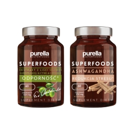 Zestaw suplementów diety Purella Superfoods: Ashwagandha Redukcja stresu 60 kaps. + Ekstrakt z liści oliwki Odporność 60 kaps. | Sklep Bebio