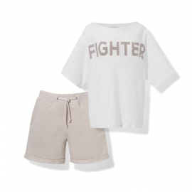 Zestaw Szorty damskie FIGHTER beige + T-shirt damski FIGHTER white |Łukasz Jemioł Ewa Chodakowska